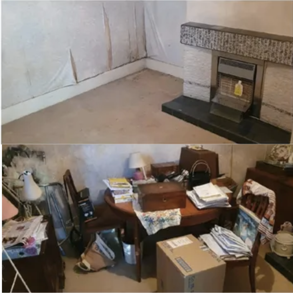 Probate Clearances. Two pictures together. One picture the room is full of items the next picture the room is empty