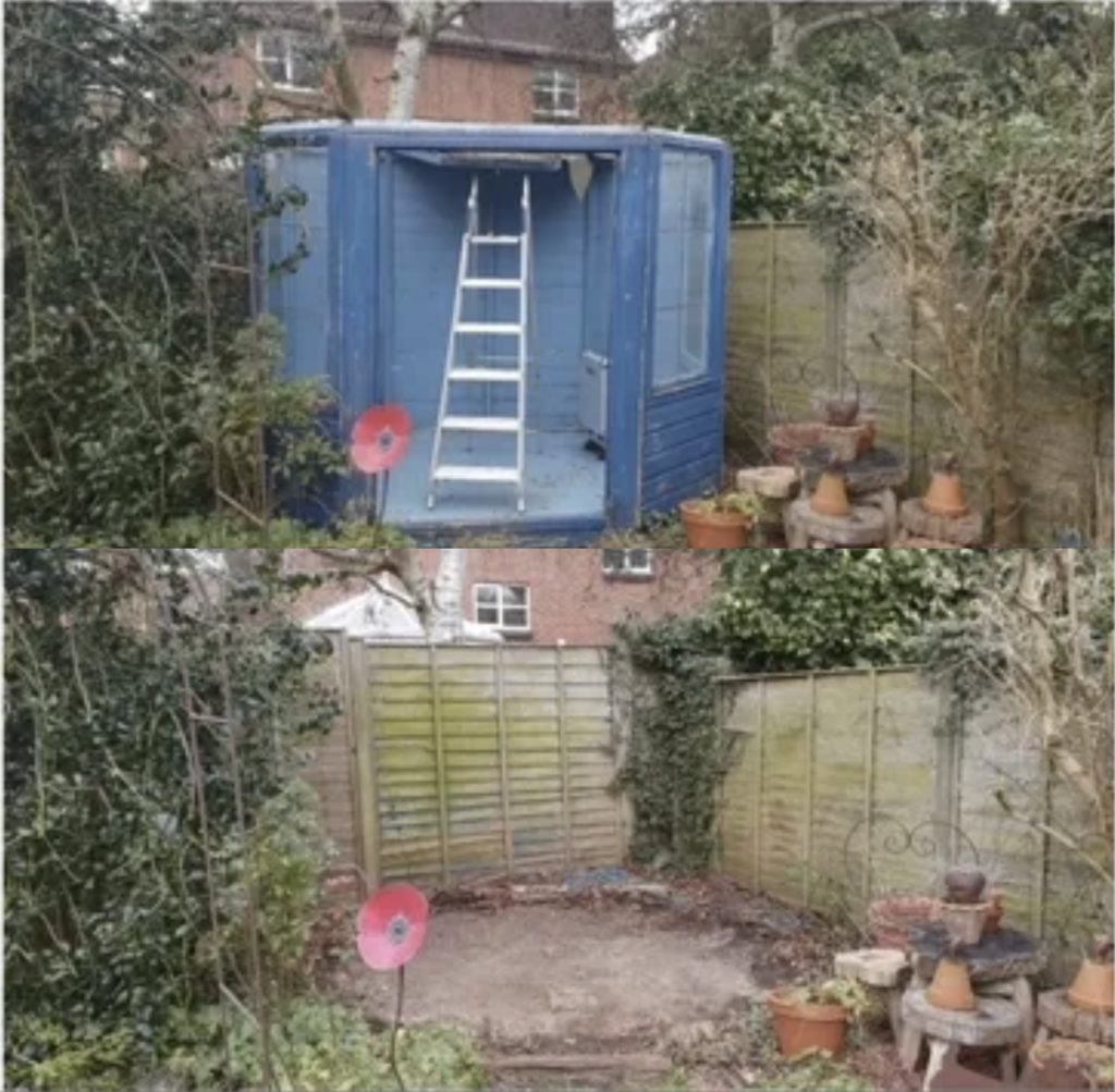 Two pictures of a garden one with a shed the other witht the shed removed